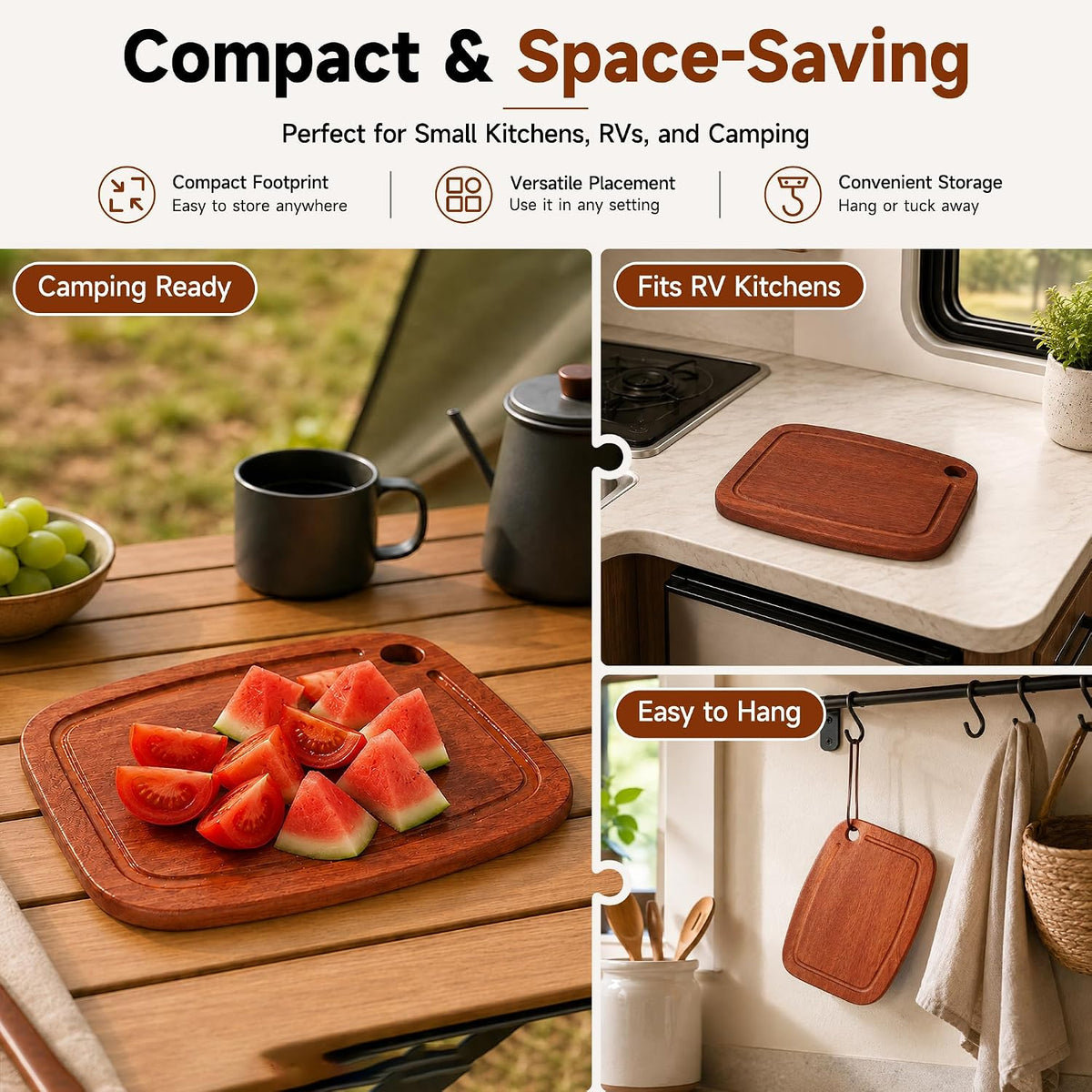 SAMBUTECO Wood Cutting Board 9" x 6.6"with Juice Groove & Hanging Hole