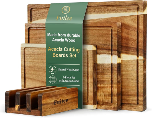 Fuilee 3 Pack Acacia Wood Cutting Boards with Storage Stand, Reversible Wooden Chopping Boards with Juice Groove, Multipurpose Charcuterie Serving Trays for Kitchen Cooking