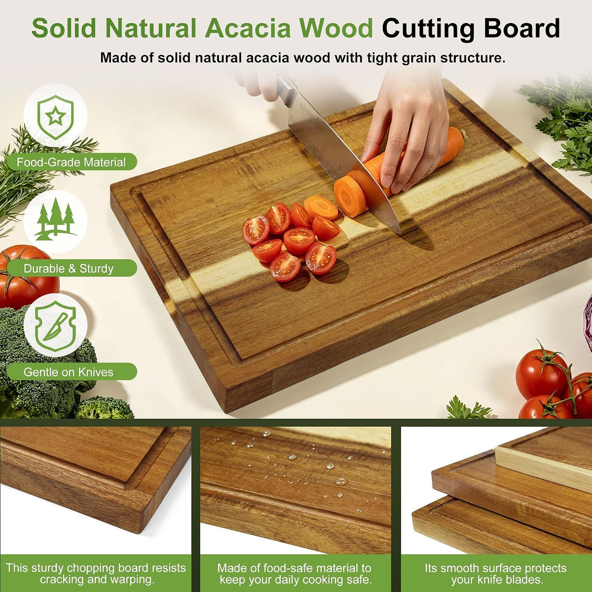 Fuilee 3 Pack Acacia Wood Cutting Boards with Storage Stand, Reversible Wooden Chopping Boards with Juice Groove, Multipurpose Charcuterie Serving Trays for Kitchen Cooking