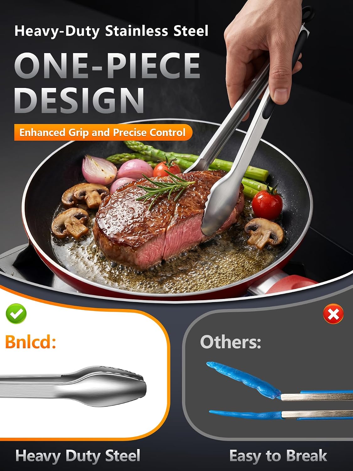 Stainless Steel Kitchen Tongs with Teeth Good Grip, Set of 3 Black