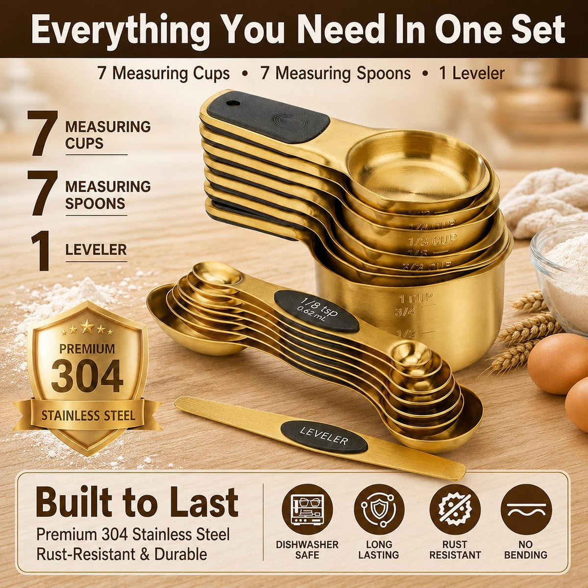 Stainless Steel Magnetic Measuring Cups and Spoons Set of 15
