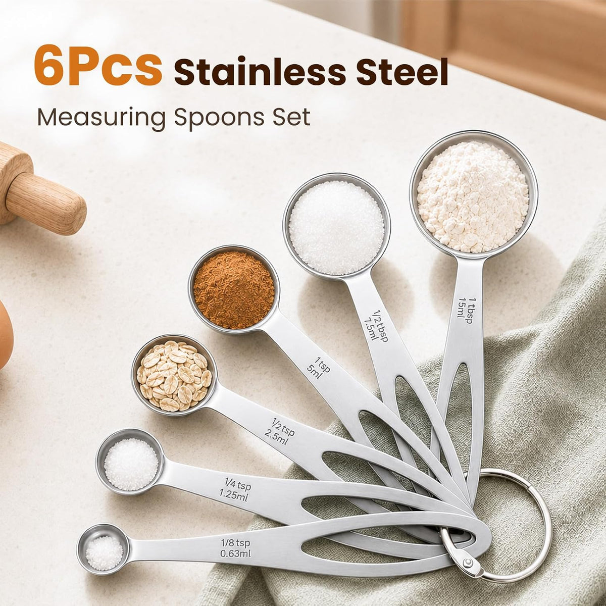 6Pcs Measuring Spoons Set, Stainless Steel Kitchen Measure Tools