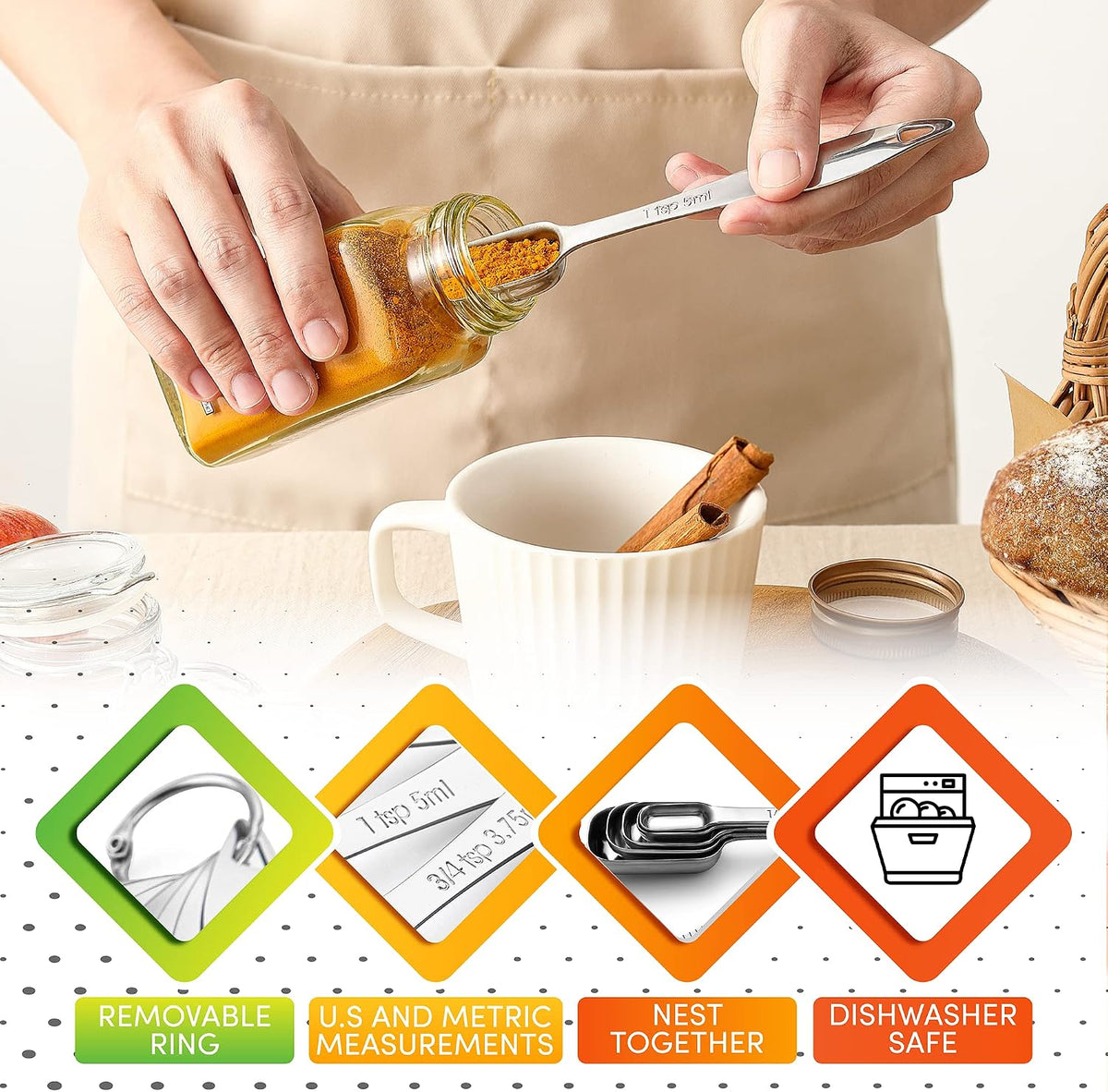 Spring Chef Stackable Stainless Steel Measuring Spoons Set of 6 w/Leveler