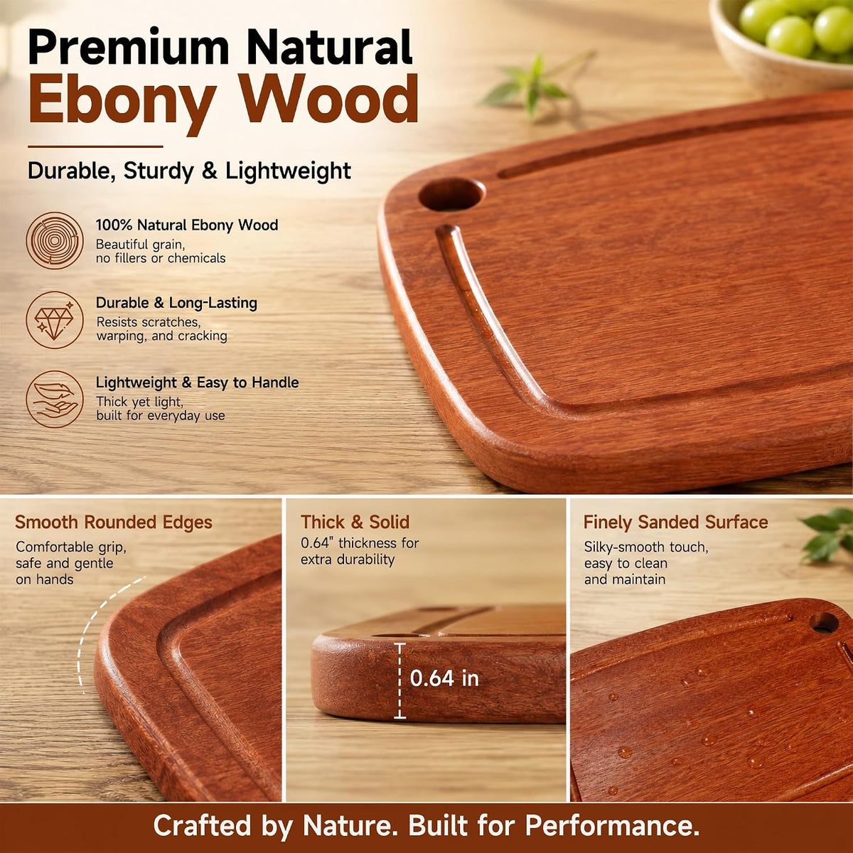 SAMBUTECO Wood Cutting Board 9" x 6.6"with Juice Groove & Hanging Hole