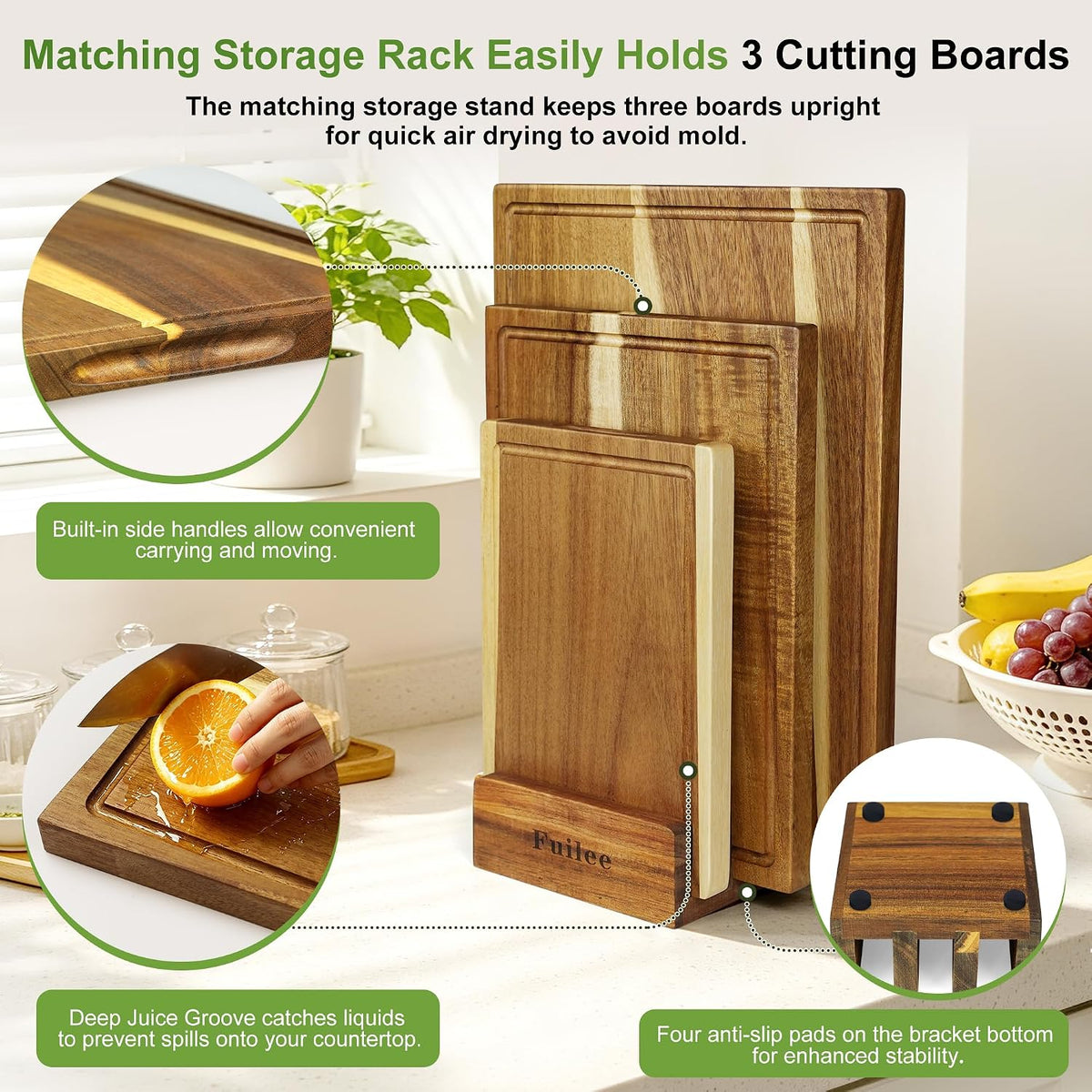 Fuilee 3 Pack Acacia Wood Cutting Boards with Storage Stand, Reversible Wooden Chopping Boards with Juice Groove, Multipurpose Charcuterie Serving Trays for Kitchen Cooking