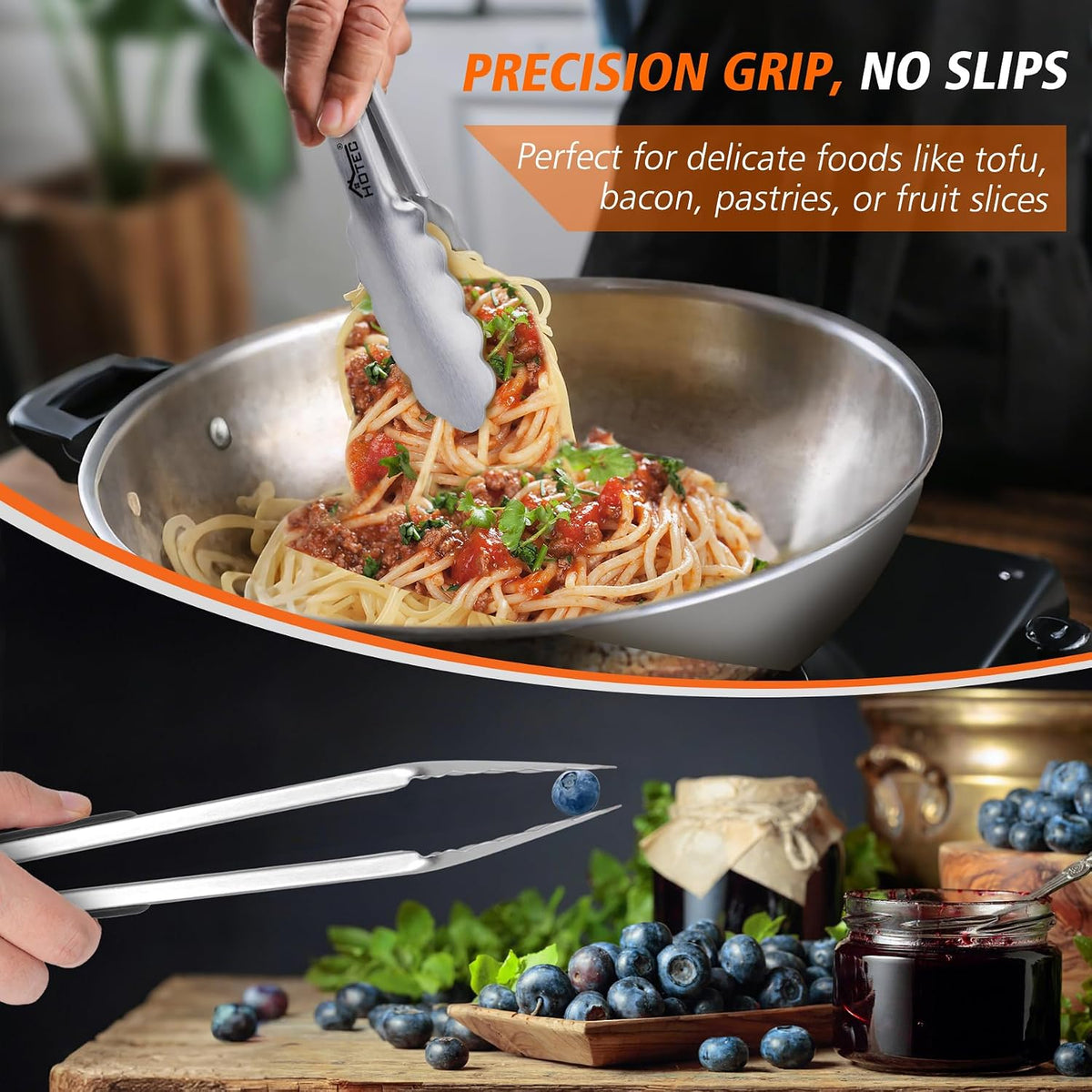 Hotec Tongs for Cooking Stainless Steel Kitchen Tongs Set of 2-9" and 12"