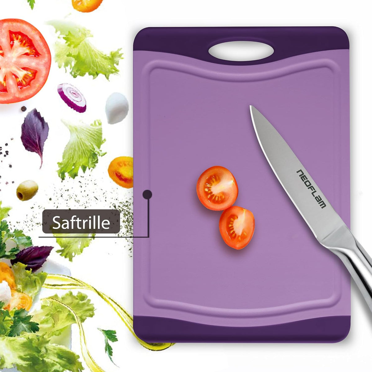 Neoflam Flutto Poly Cutting Board - Purple, Durable Plastic, Knife-Scratch Resistant, Large Handle, Kitchen Essential (11.5 x 8 x 0.4 inches)