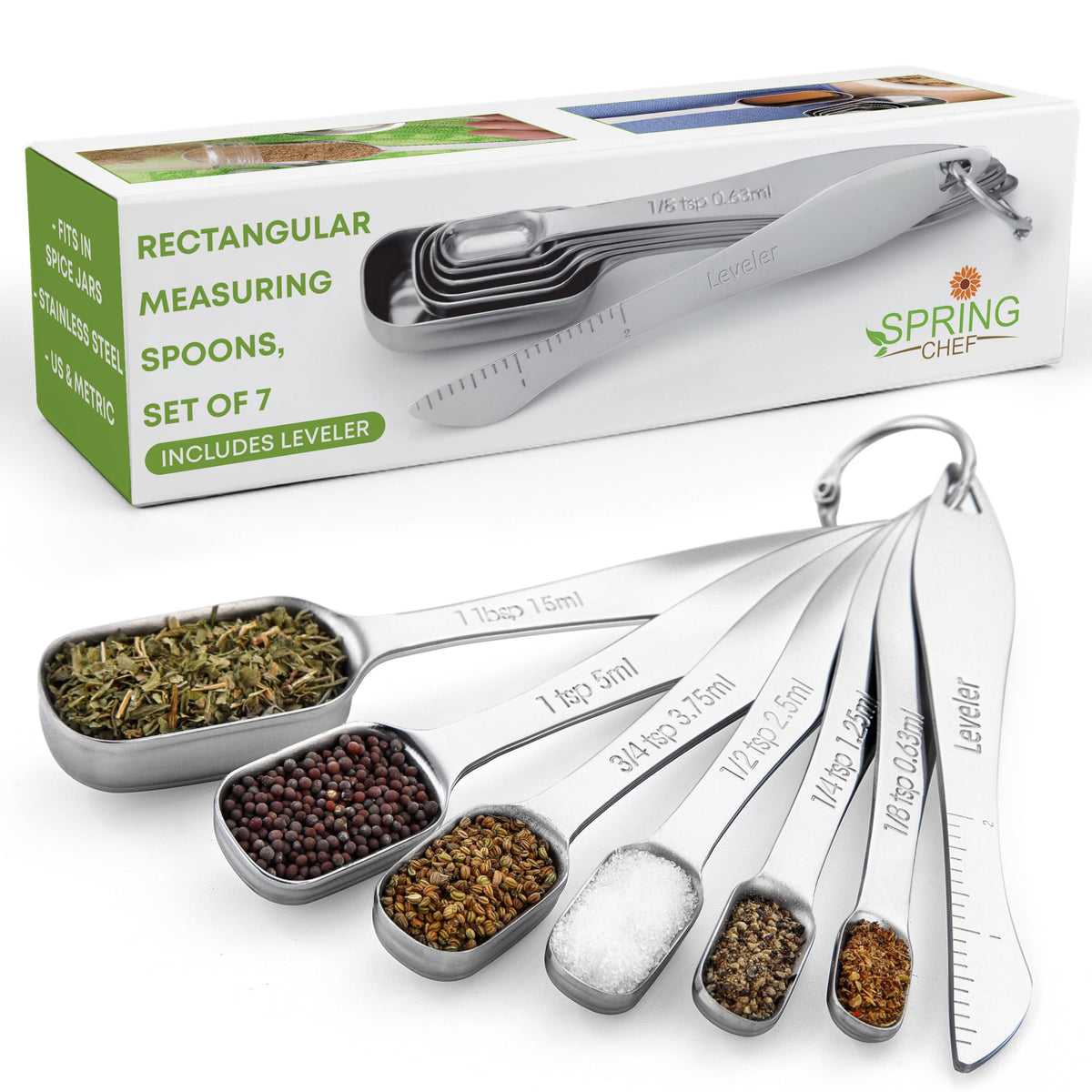 Spring Chef Stackable Stainless Steel Measuring Spoons Set of 6 w/Leveler