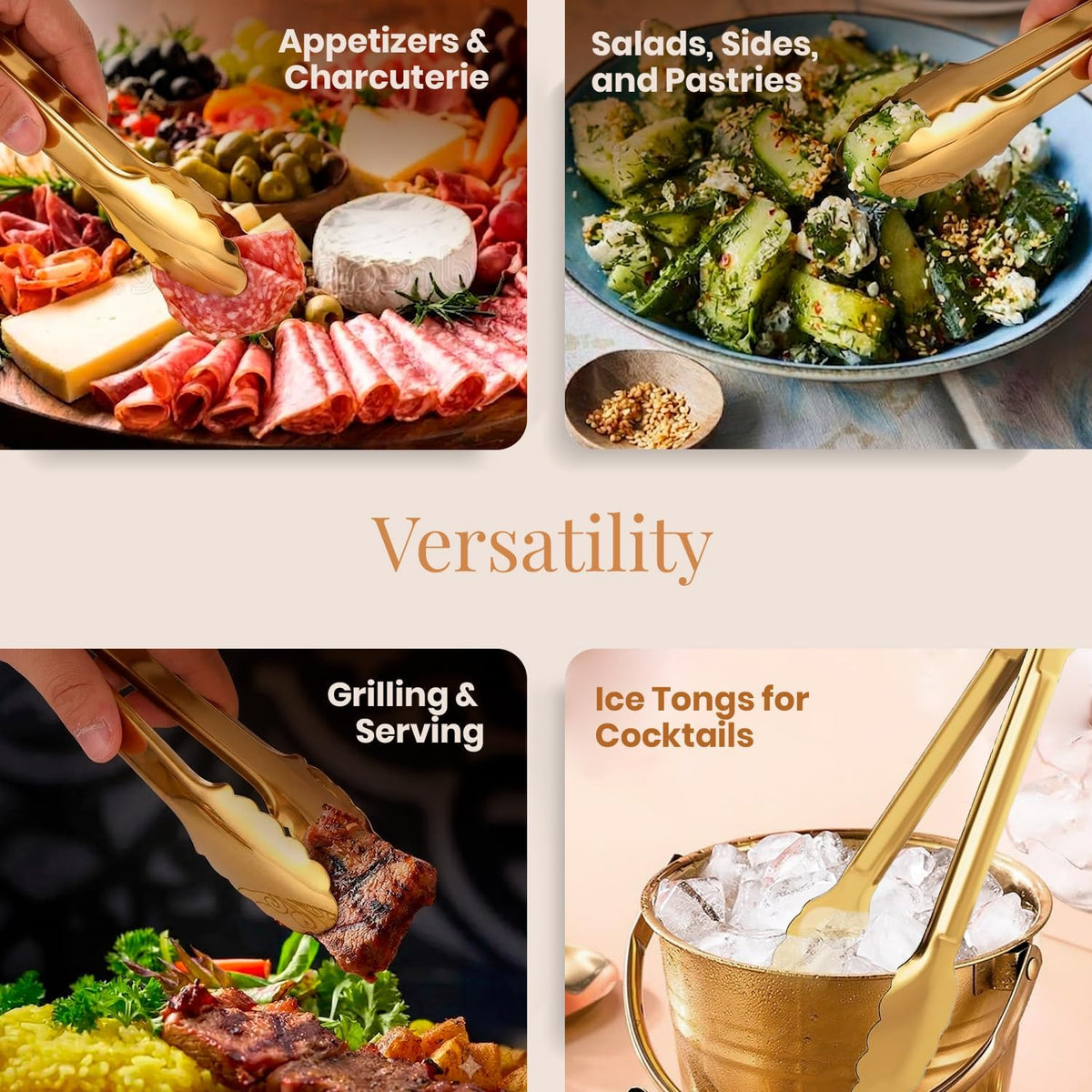 Homesphere Stainless Steel Gold Serving Tongs for Food, 9.5 Inch, Pack of 2