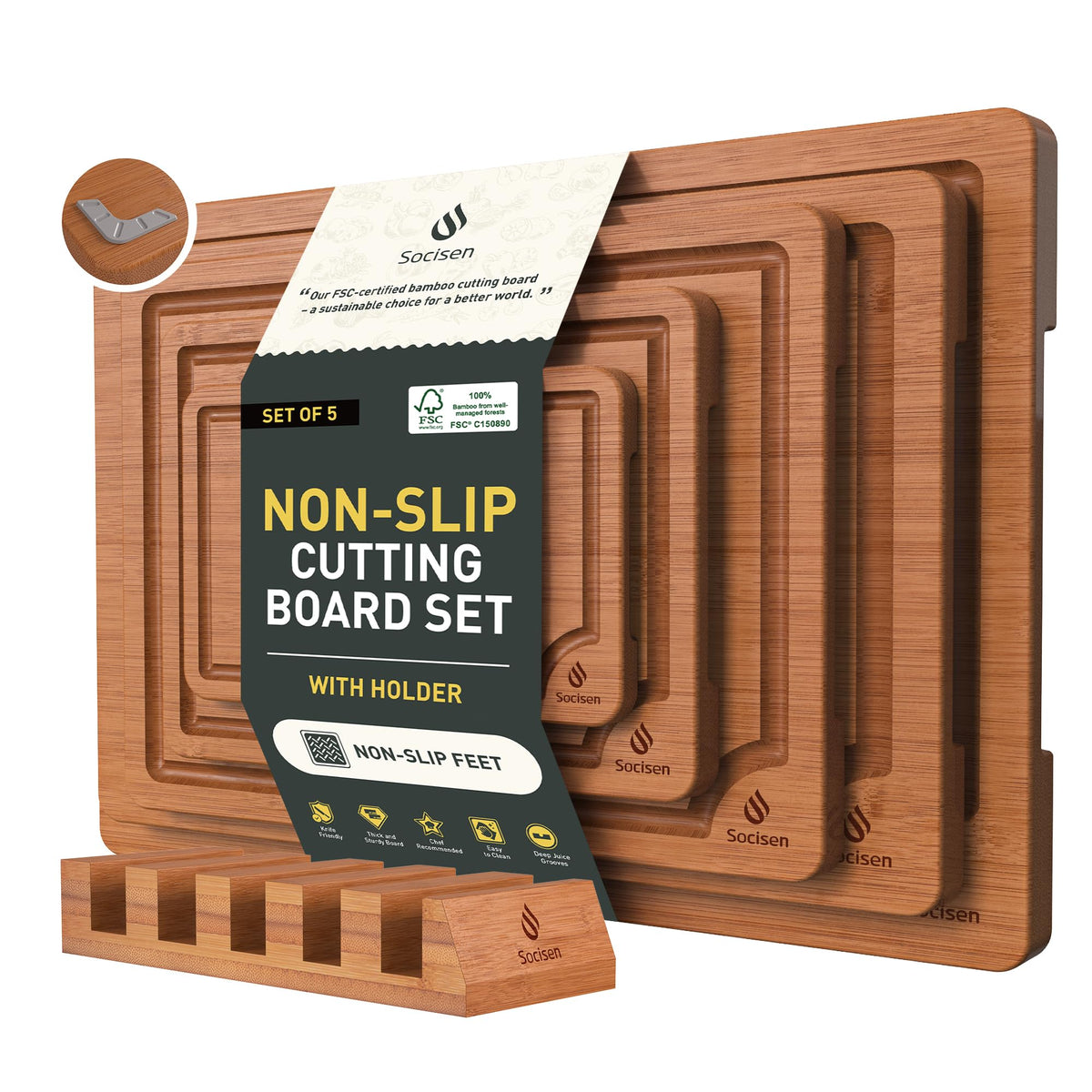 3 Packs Bamboo Cutting Board Set with Non Slip Feet Holder and Over Sink Nice Solid Thick Wood Juice Groove Chopping Board Extra Large Big Small Best Hardwood Kitchen Organic Vegetable Meat BBQ Kit