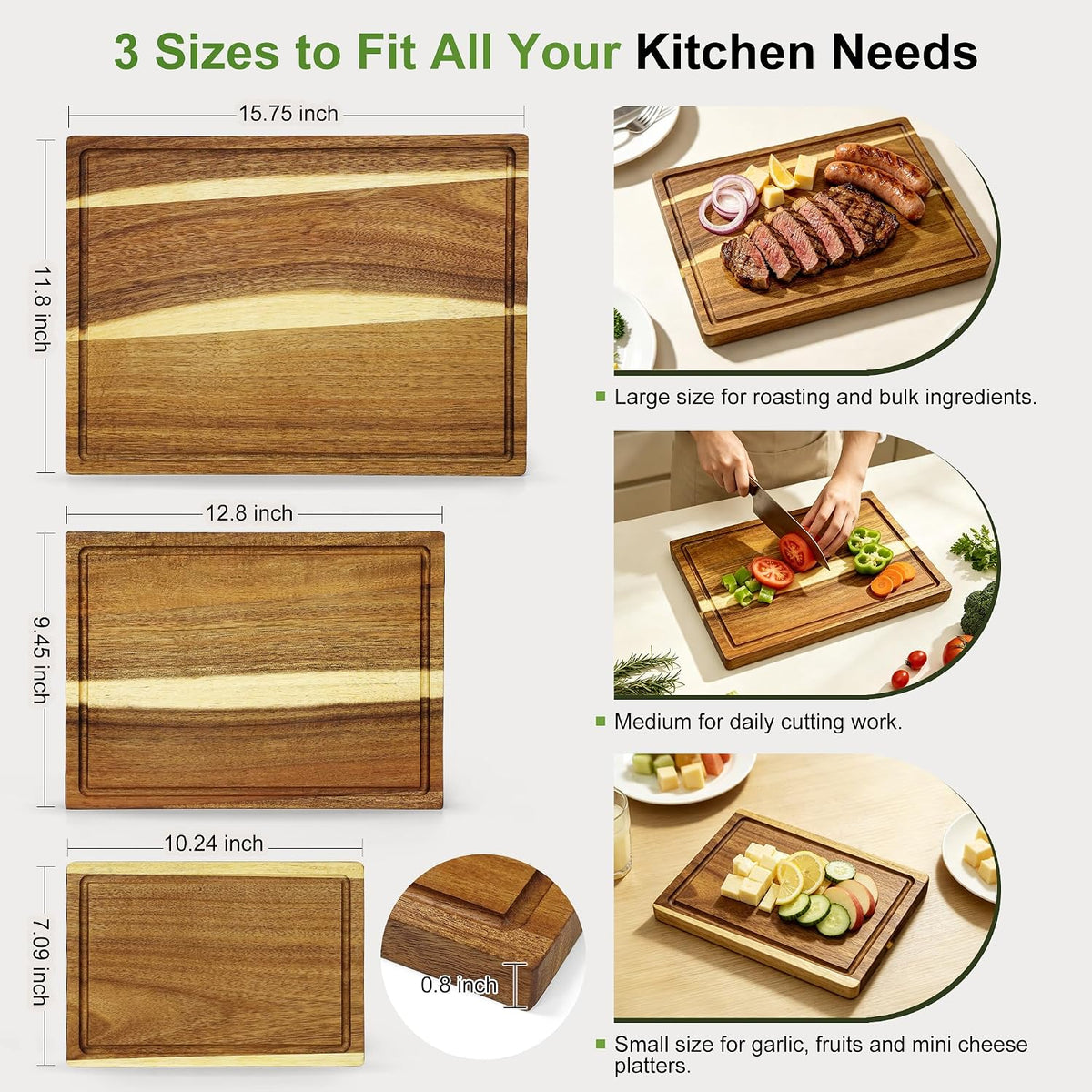 Fuilee 3 Pack Acacia Wood Cutting Boards with Storage Stand, Reversible Wooden Chopping Boards with Juice Groove, Multipurpose Charcuterie Serving Trays for Kitchen Cooking