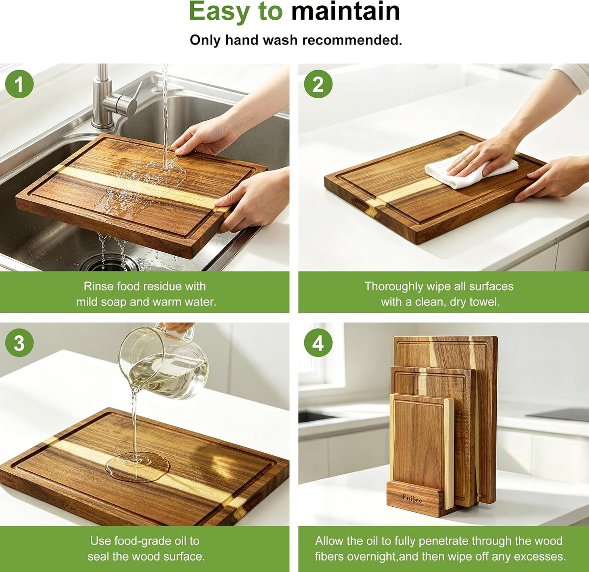 Fuilee 3 Pack Acacia Wood Cutting Boards with Storage Stand, Reversible Wooden Chopping Boards with Juice Groove, Multipurpose Charcuterie Serving Trays for Kitchen Cooking