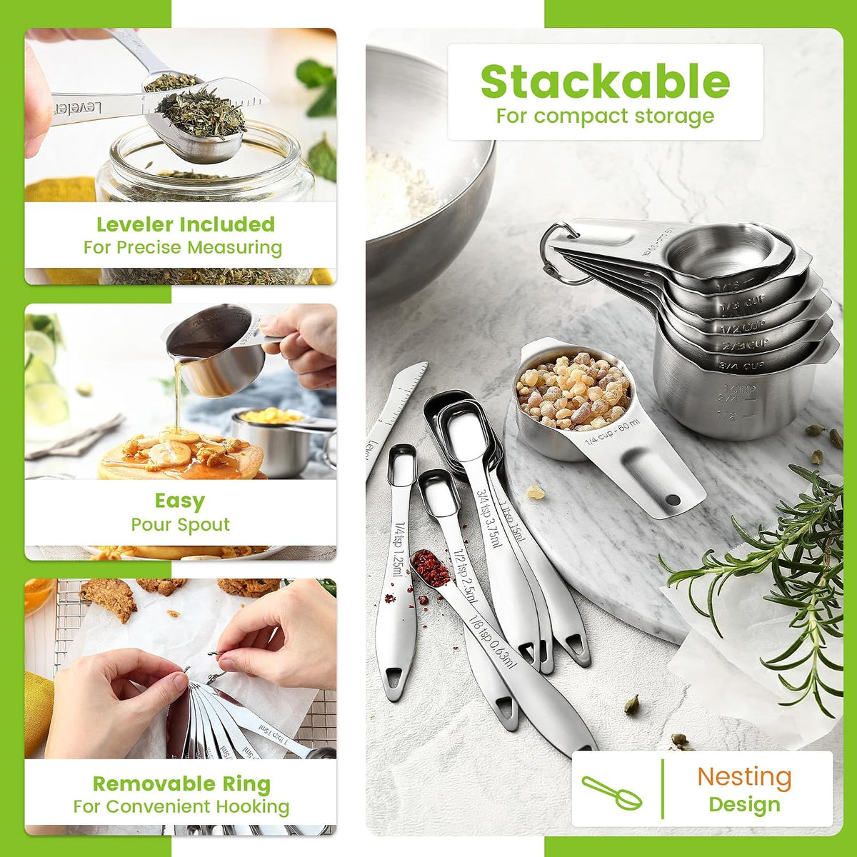Spring Chef Stainless Steel Measuring Cups and Spoons Set of 14 w/Leveler