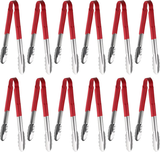 New Star Foodservice 12 Inch Utility Spring Tongs, Set of 12, Commercial Restaurant Grade Stainless Steel Tongs with Red Vinyl Coated Handles