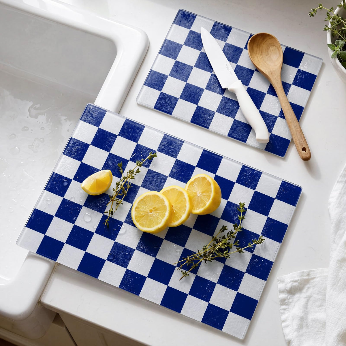 Tempered Glass Cutting Boards Set of 2 Beige Checkered Cutting Board